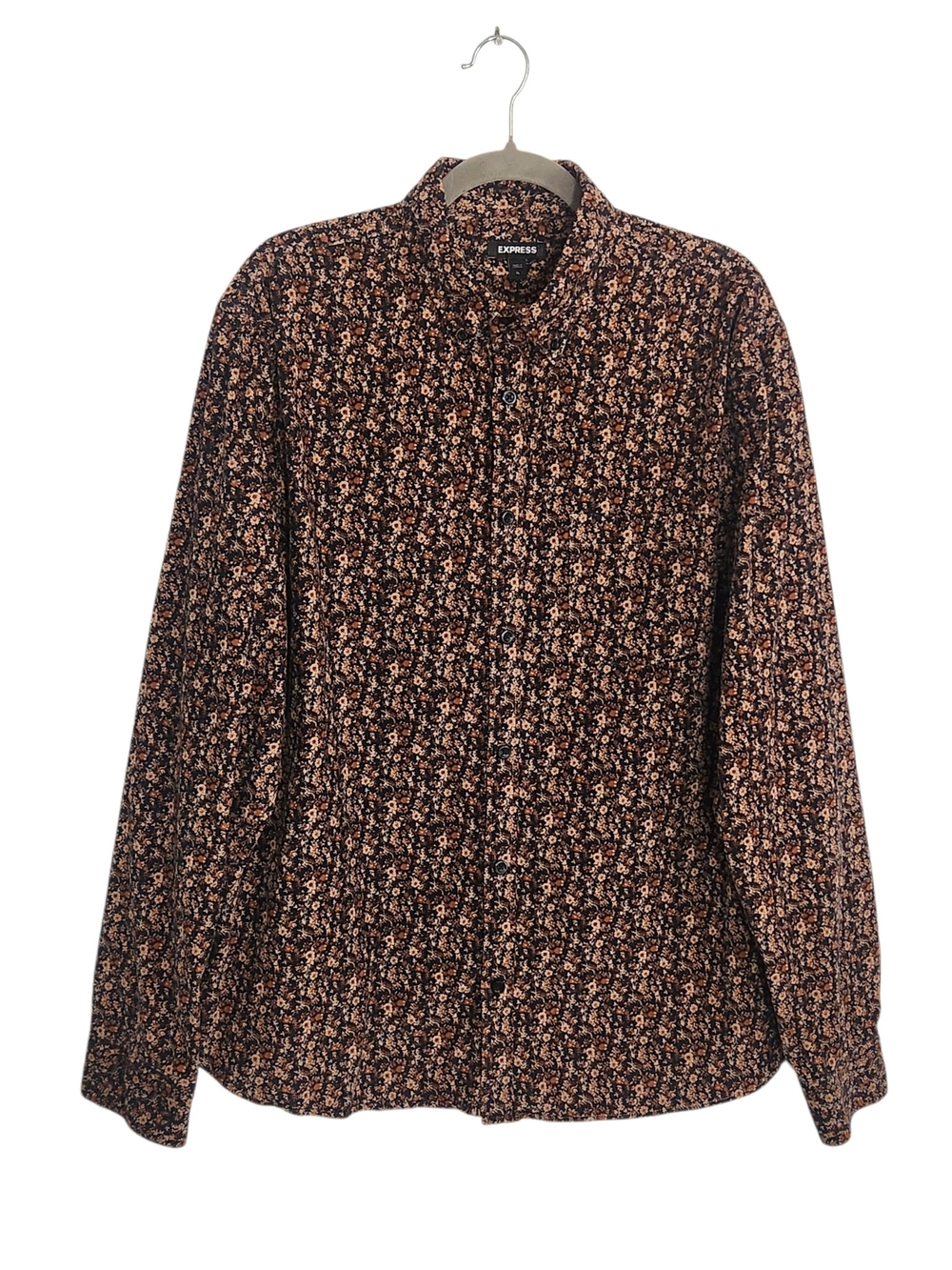 Express Mens Navy and Brown Floral Corduroy Button Down Shirt Size XL